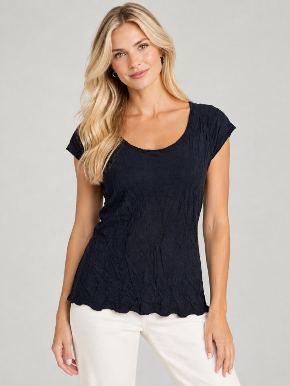 2/$30 TAHARI Cap Sleeve Scoop Neck Knit Tee Black Medium #A5548